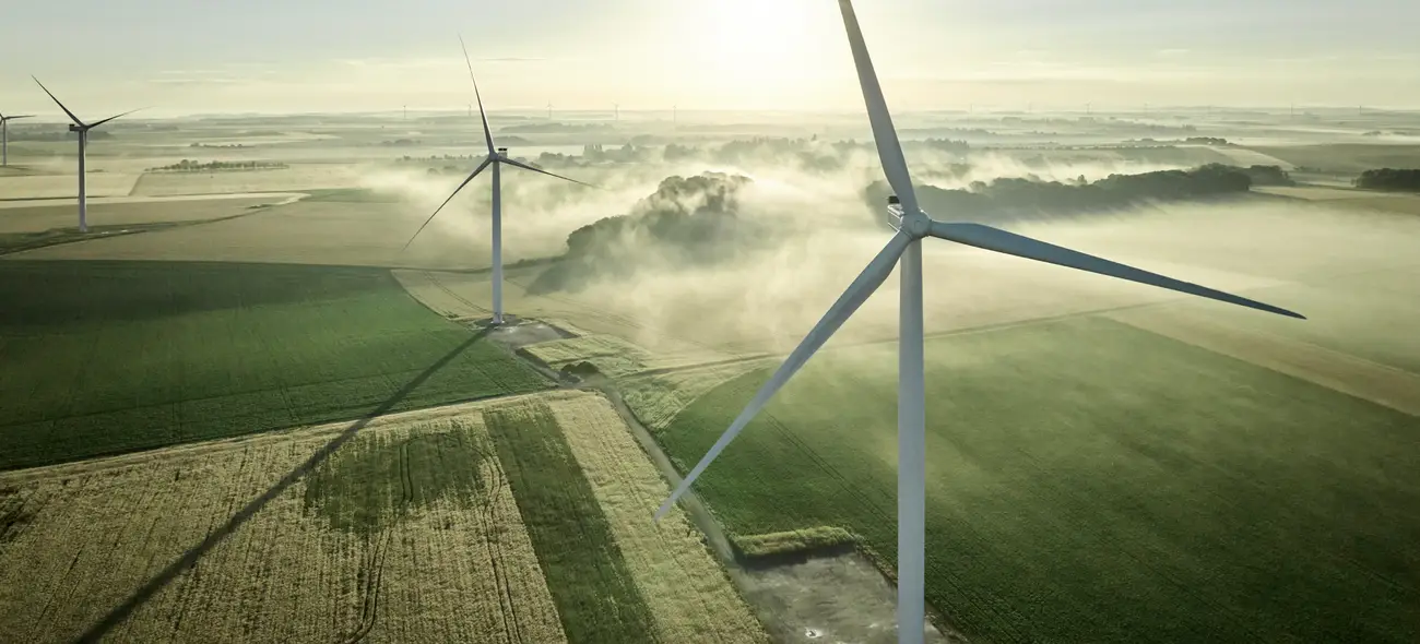 Wind turbine on a field at sunrise.